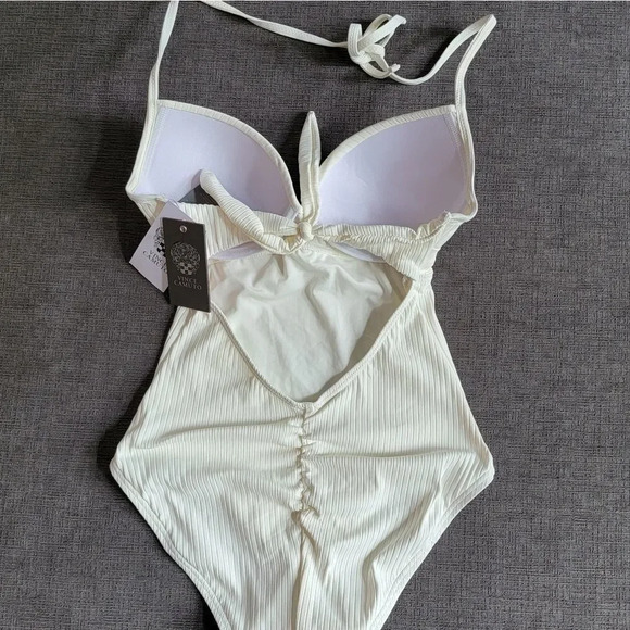 Vince Camuto Ivory Halter Wrap Front Molded Cups One Piece Women's Swims… - Picture 2 of 16